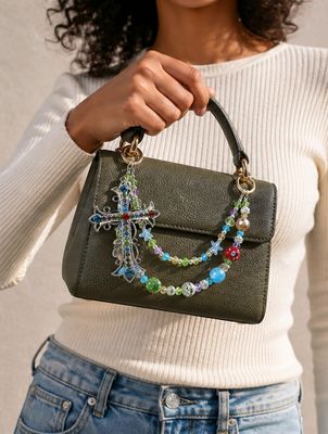 Multicolor Cross Beaded Purse Charm with Silver-Tone Accents
