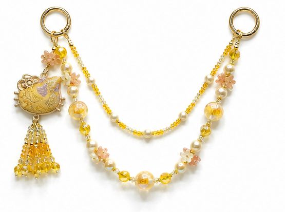 Golden Cat Head Purse Charm with Yellow Beads, Pearl Accents, and Tassel