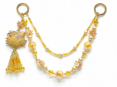 Golden Cat Head Purse Charm with Yellow Beads, Pearl Accents, and Tassel
