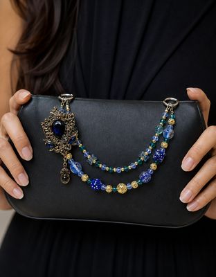 Royal Blue and Emerald Jeweled Purse Charm with Gold-Tone Accents