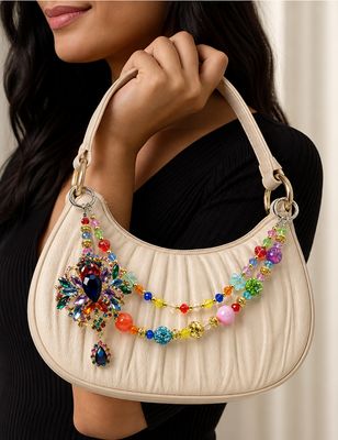 Multicolor Jeweled Flower Purse Charm with Gold-Tone Beaded Chain