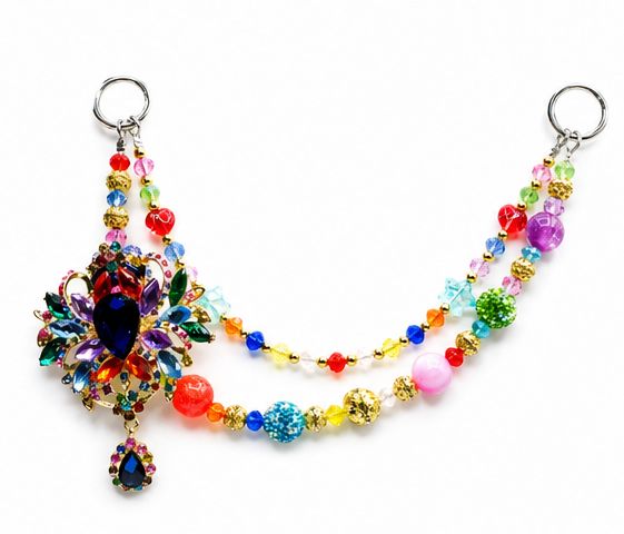 Multicolor Jeweled Flower Purse Charm with Gold-Tone Beaded Chain