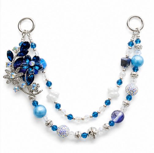 Blue Floral Beaded Purse Charm with Silver-Tone Accents