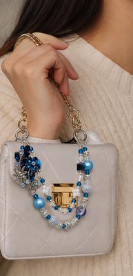 Blue Floral Beaded Purse Charm with Silver-Tone Accents