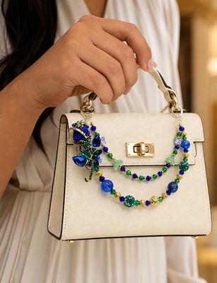 Blue Rose Beaded Purse Charm with Green and Gold-Tone Accents
