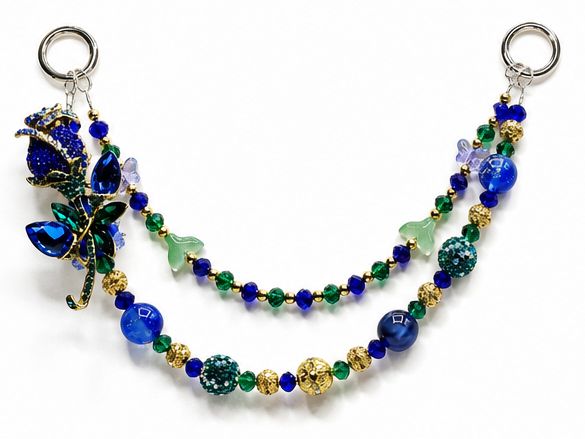 Blue Rose Beaded Purse Charm with Green and Gold-Tone Accents