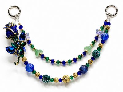 Blue Rose Beaded Purse Charm with Green and Gold-Tone Accents