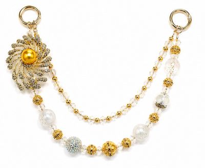Gold Sunburst Beaded Purse Charm with White Pearl-Like Accents