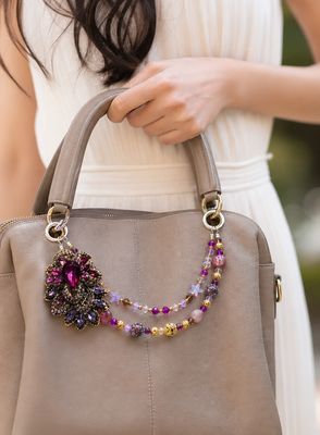 Fuchsia and Purple Jeweled Flower Purse Charm with Gold-Tone Accents
