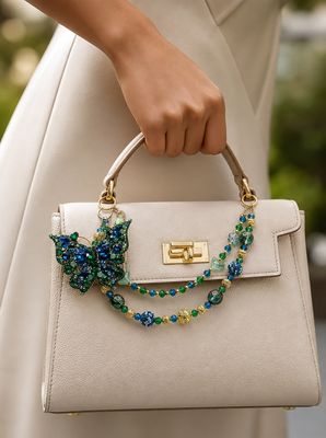 Blue and Green Butterfly Beaded Purse Charm with Gold-Tone Accents