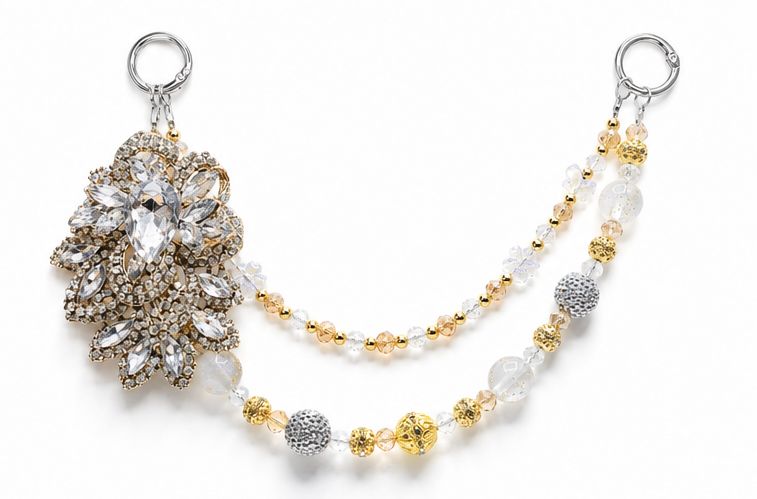 Champagne Gold Jeweled Clutch Charm with Clear Beaded Chain