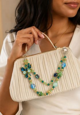 Green and Blue Butterfly Beaded Purse Charm with Gold-Tone Accents