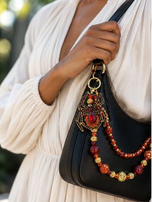 Red Spider Beaded Purse Charm with Gold-Tone Accents