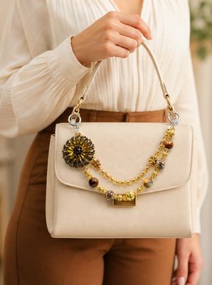 Golden Sunflower Beaded Purse Charm with Brown Accents