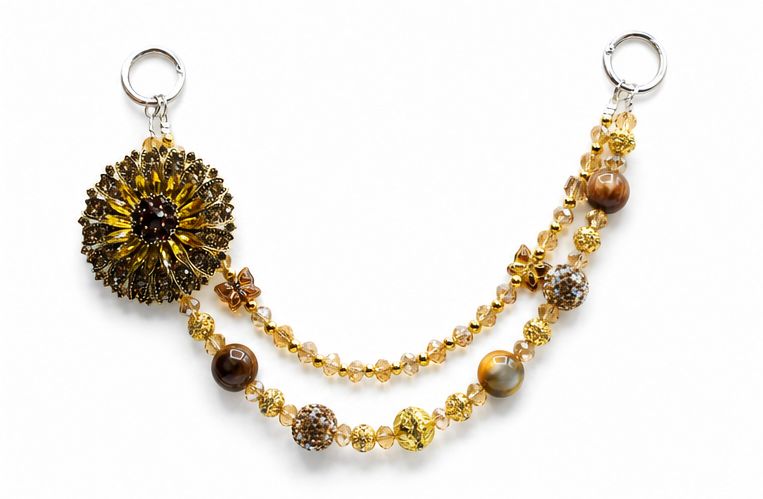 Golden Sunflower Beaded Purse Charm with Brown Accents