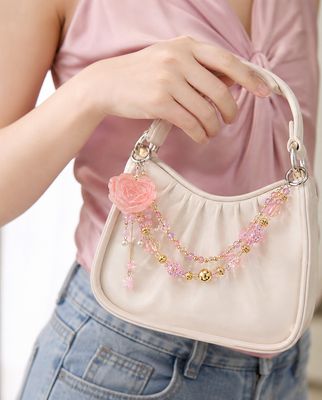 Pink Rose Beaded Purse Charm with Gold-Tone Accents