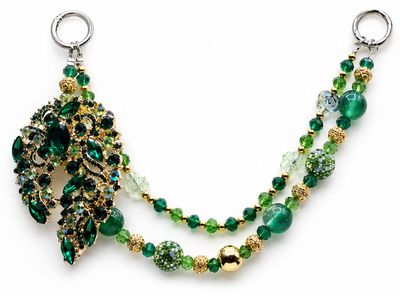 Emerald Green Jeweled Floral Purse Charm with Gold-Tone Accents