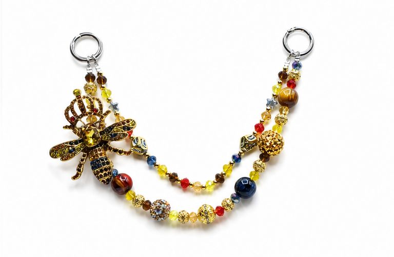 Gold Bee Purse Charm with Multicolor Beaded Chain