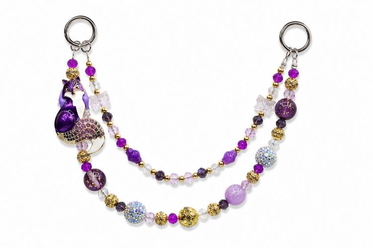 Purple and White Fox Beaded Purse Charm with Gold-Tone Accents