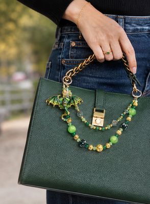 Green Dragon Beaded Purse Charm with Gold-Tone Accents