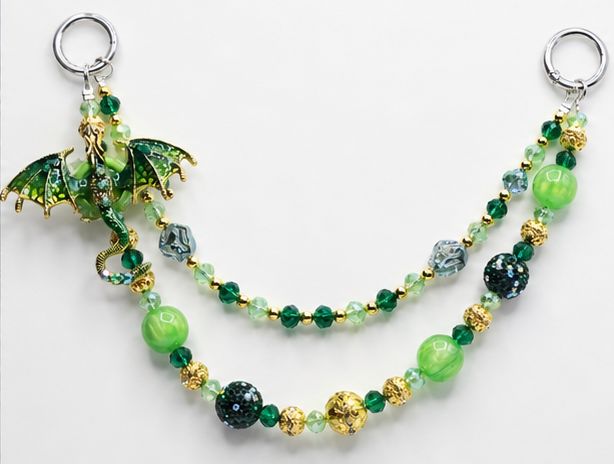 Green Dragon Beaded Purse Charm with Gold-Tone Accents