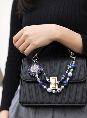 Blue Flower Beaded Purse Charm with Silver Center