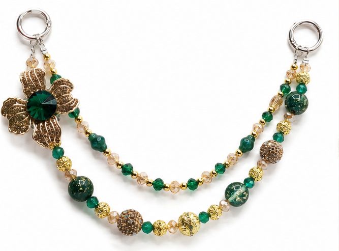 Green and Gold Flower Beaded Purse Charm