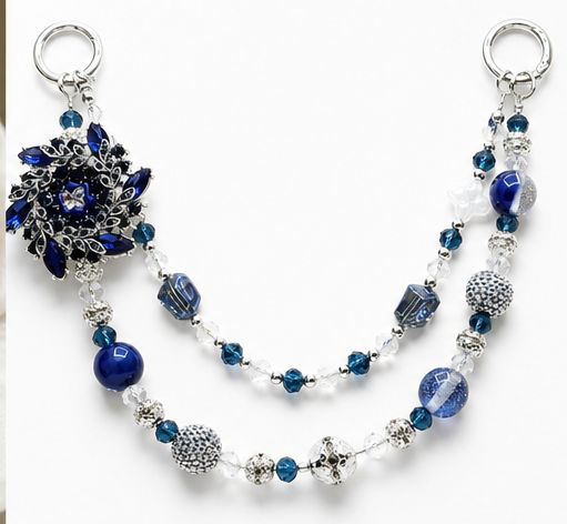 Blue and Silver Floral Beaded Purse Charm