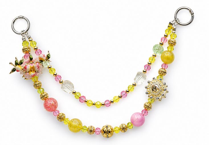 Peach Tree Branch Beaded Purse Charm with Pink and Yellow Accents