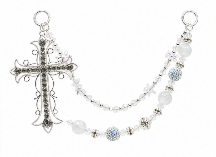 Silver Cross Beaded Purse Charm with White and Clear Accents