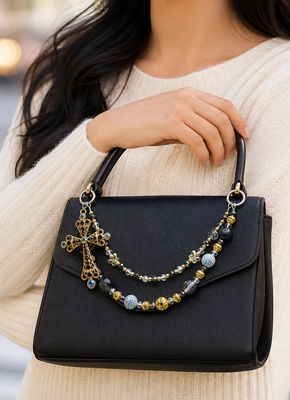 Black and Gold Cross Beaded Purse Charm with Blue Accents