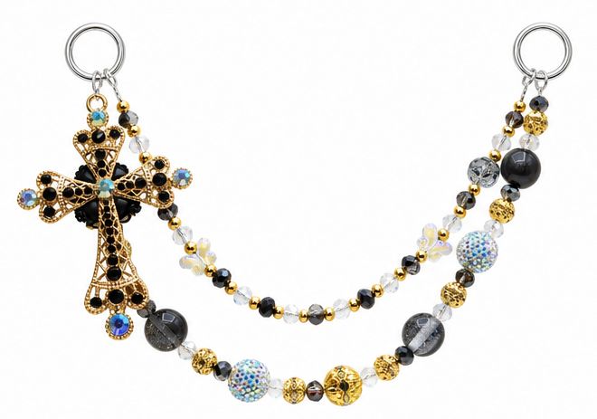 Black and Gold Cross Beaded Purse Charm with Blue Accents