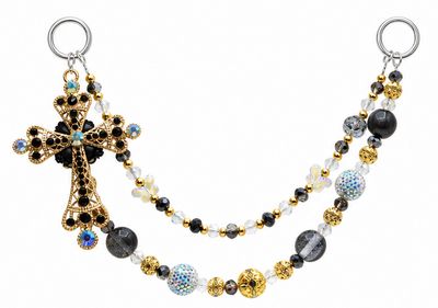 Black and Gold Cross Beaded Purse Charm with Blue Accents