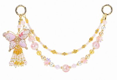 Pink Butterfly Beaded Purse Charm with Gold-Tone Tassel Accent