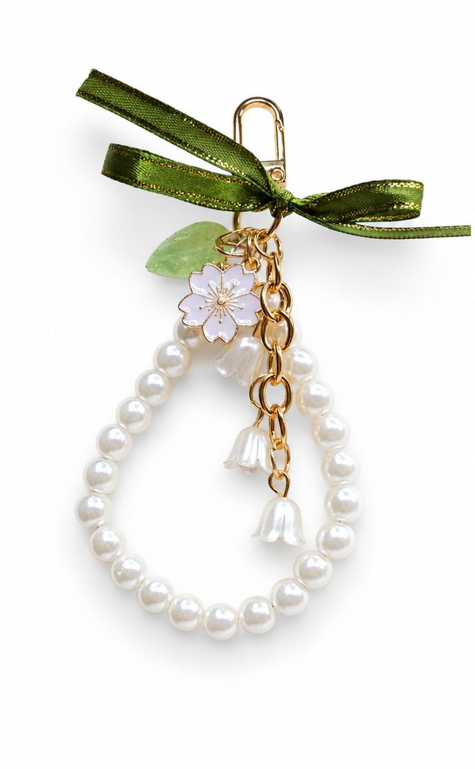 Spring Petal Pearl-Look Floral Purse Charm with Green Ribbon &amp; Gold-Tone Accents