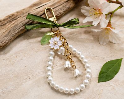 Spring Petal Pearl-Look Floral Purse Charm with Green Ribbon &amp; Gold-Tone Accents