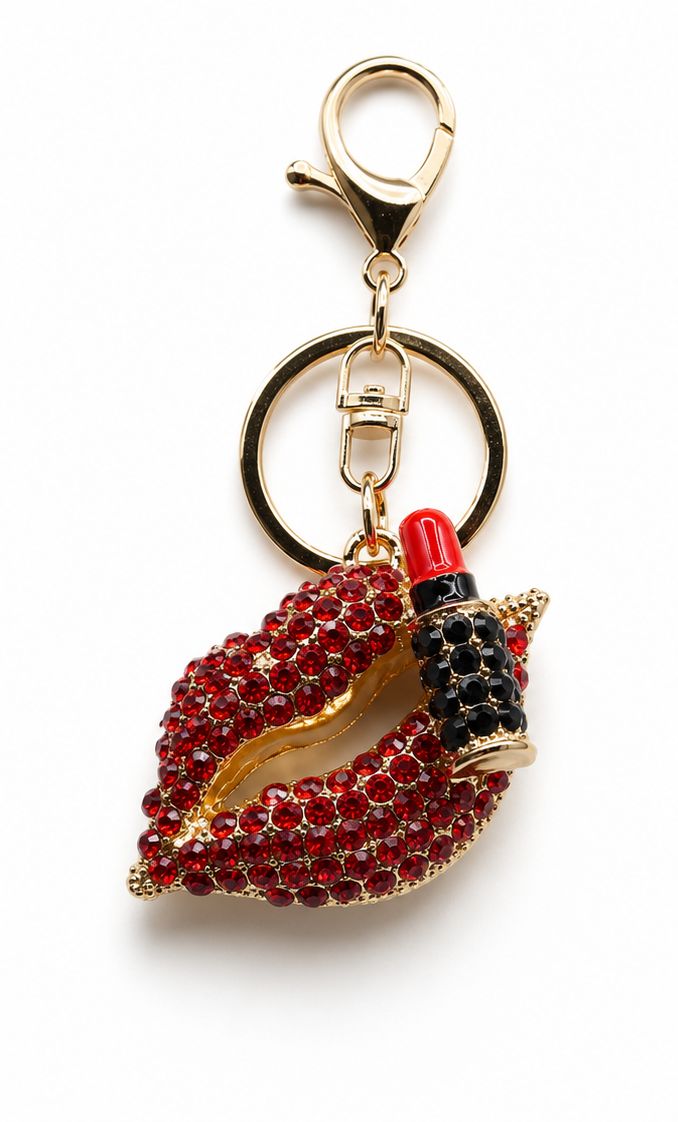 Scarlet Kiss Lipstick &amp; Lips Jeweled Purse Charm with Gold-Tone Hardware