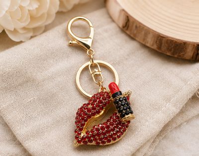 Scarlet Kiss Lipstick &amp; Lips Jeweled Purse Charm with Gold-Tone Hardware