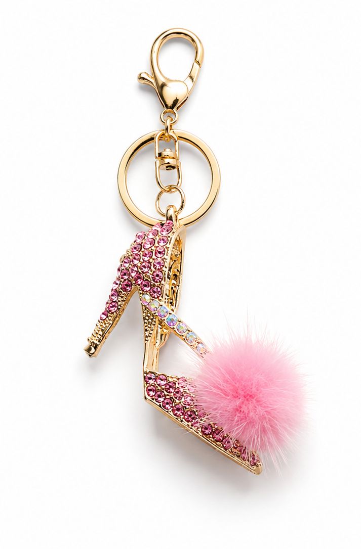 Pink Stiletto Sparkle Purse Charm with Pom-Pom &amp; Gold-Tone Hardware
