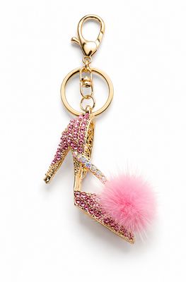 Pink Stiletto Sparkle Purse Charm with Pom-Pom &amp; Gold-Tone Hardware