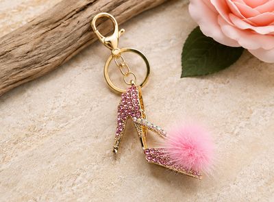 Pink Stiletto Sparkle Purse Charm with Pom-Pom &amp; Gold-Tone Hardware