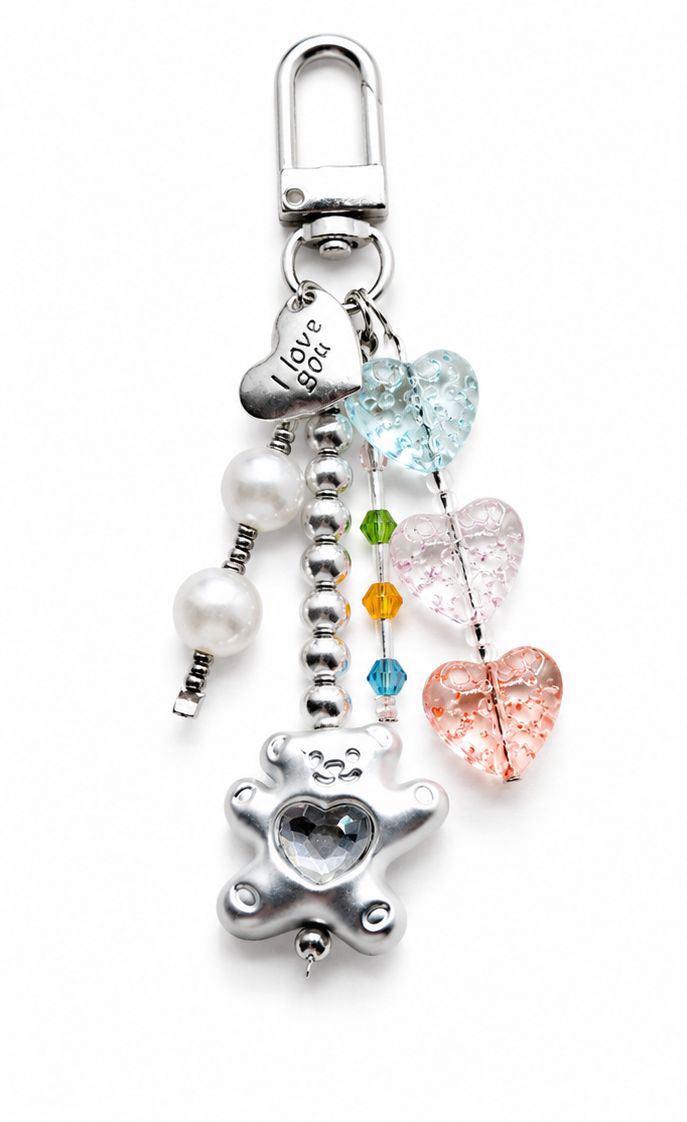Sweetheart Teddy Pastel Heart Purse Charm with Silver-Tone Accents