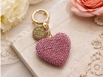 Blushing Heart Pink Jeweled Purse Charm with Gold-Tone Keyring