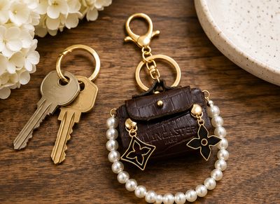 Cocoa Pearl Mini Satchel Purse Charm with Gold-Tone Accents