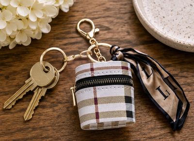 Café Plaid Zip Keychain Pouch with Scarf Accent &amp; Gold-Tone Hardware