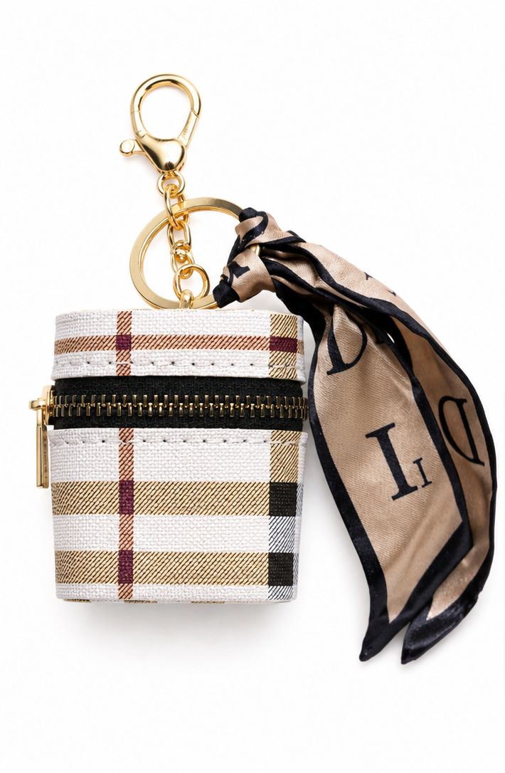 Café Plaid Zip Keychain Pouch with Scarf Accent &amp; Gold-Tone Hardware