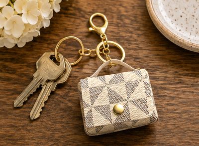 Ivory Mosaic Mini Handbag Keychain Purse Charm with Gold-Tone Hardware
