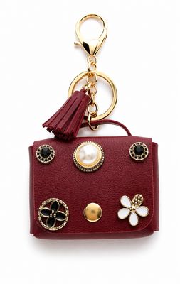 Bordeaux Blossom Mini Handbag Purse Charm with Tassel &amp; Pearl-Look Accent