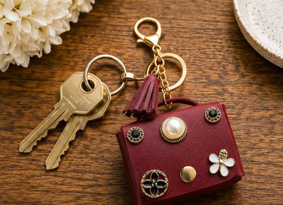 Bordeaux Blossom Mini Handbag Purse Charm with Tassel &amp; Pearl-Look Accent