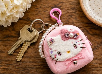 Blushing Whiskers Pink Kitty Mini Pouch Purse Charm with Pearl-Look Handle
